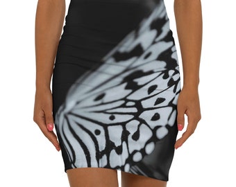 Minijupe à imprimé papillons : tricot extensible noir et blanc