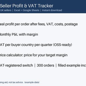 Pu&ograve; includere: Un foglio di calcolo digitale intitolato Etsy Seller Profit & VAT Tracker per venditori UE e UK. Elenca funzionalit&agrave; come profitto reale per ordine, P&L mensile, IVA per paese dell'acquirente, calcolatore di prezzi e interruttore per partita IVA.