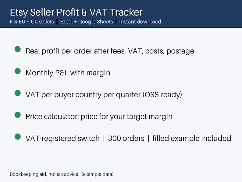 Pu&ograve; includere: Un foglio di calcolo digitale intitolato Etsy Seller Profit & VAT Tracker per venditori UE e UK. Elenca funzionalit&agrave; come profitto reale per ordine, P&L mensile, IVA per paese dell'acquirente, calcolatore di prezzi e interruttore per partita IVA.