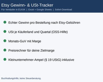 Etsy Gewinn Rechner Excel Vorlage, USt Tracker für Etsy Verkäufer, Kleinunternehmer und OSS, Buchhaltung Google Sheets