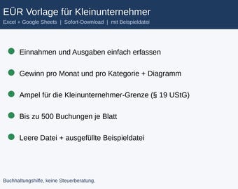 EÜR Vorlage Excel Kleinunternehmer, Einnahmen Ausgaben Tabelle 2026, §19 UStG Ampel, Buchhaltung Google Sheets, Steuer Übersicht