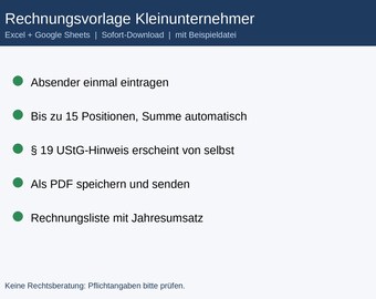 Rechnungsvorlage Kleinunternehmer Excel, §19 UStG Rechnung Vorlage, Rechnung schreiben, Rechnungsliste, Google Sheets, Sofort-Download