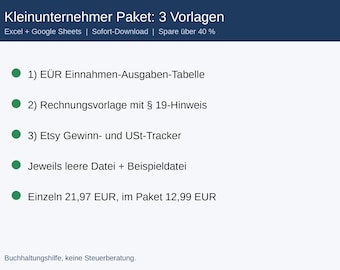 Kleinunternehmer Paket Excel Vorlagen: EÜR Einnahmen Ausgaben, Rechnungsvorlage, Etsy Gewinn Tracker, §19 UStG, Google Sheets