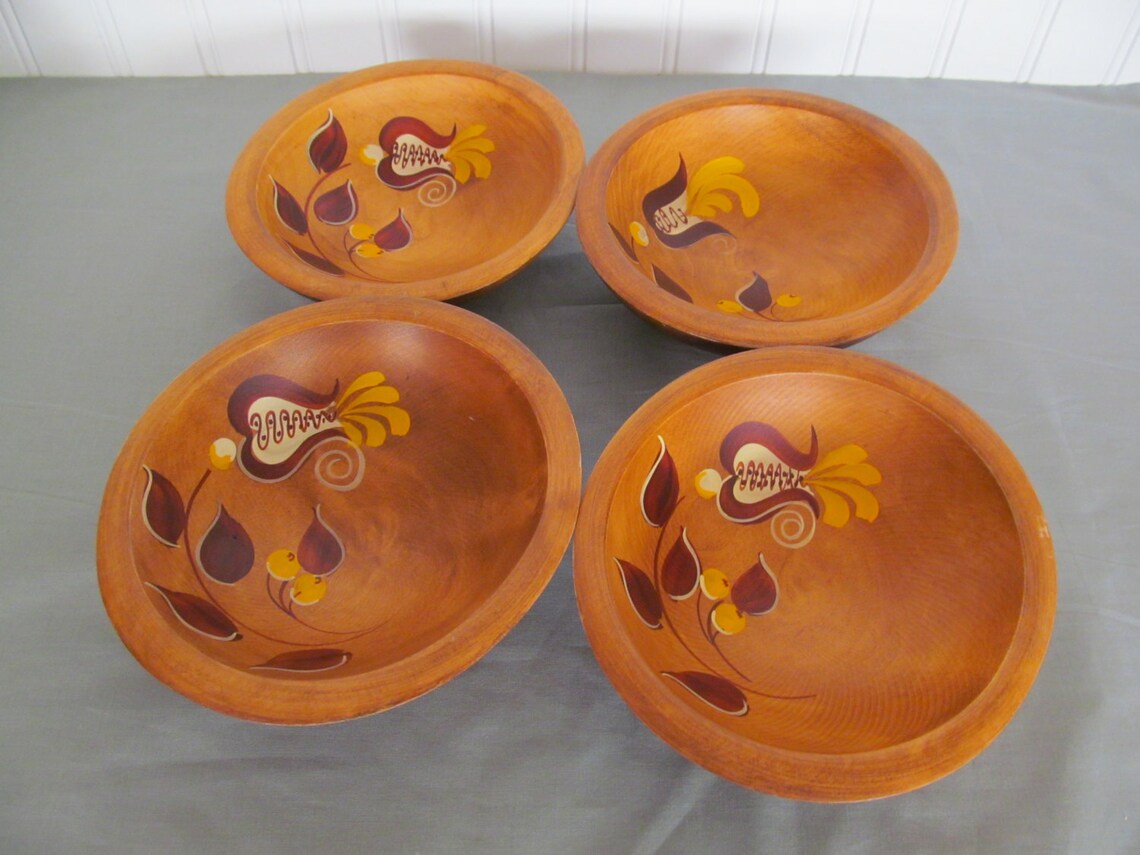 Four Woodcroftery Salad Bowls Hand Painted Wood Etsy