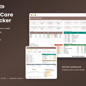 May include: A digital Pet Care Tracker dashboard for Microsoft Excel and Google Sheets. The interface displays pet health metrics, including vaccines, medications, vet visits, weight, and feeding schedules, with tables for pet data, budget tracking, and care logs.