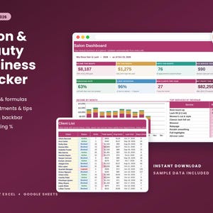 Salon Business Tracker Spreadsheet, Hair Stylist Client List for Excel and Google Sheets, Lash Tech, Nail Tech, Booth Rent, Tips Tracker