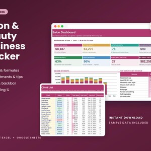 Salon Business Tracker Spreadsheet, Hair Stylist Client List for Excel and Google Sheets, Lash Tech, Nail Tech, Booth Rent, Tips Tracker