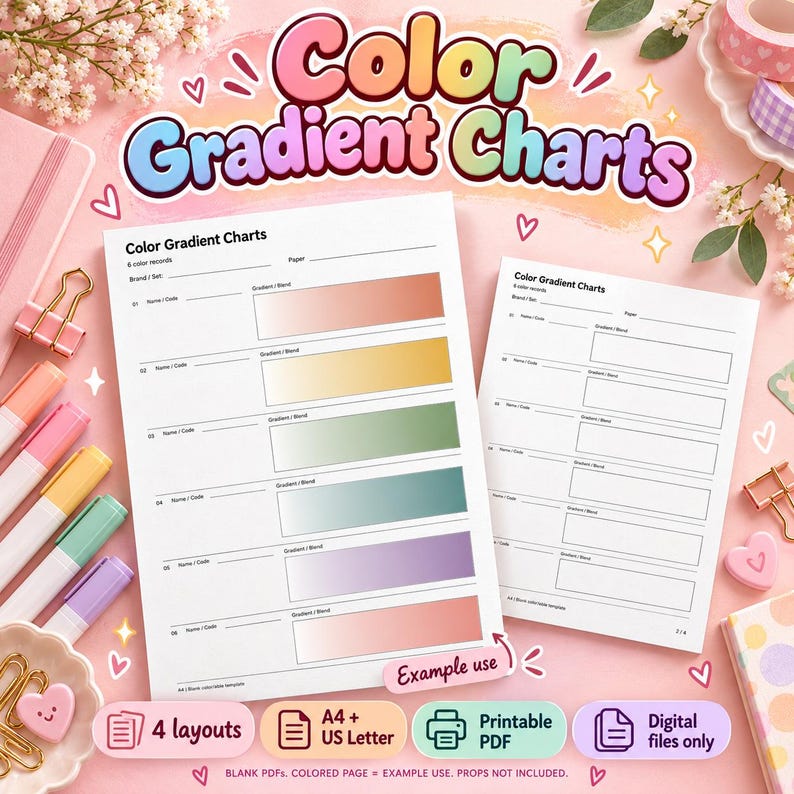 Color Gradient Swatch Chart Printable PDF, 4 Blank Layouts, A4 and US ...