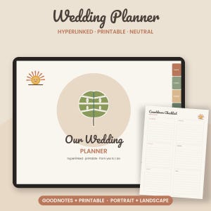 May include: A digital wedding planner displayed on a tablet screen with a beige background, featuring a green leaf icon, the text Our Wedding PLANNER, and a sun graphic. A separate printed countdown checklist page is visible next to the tablet.