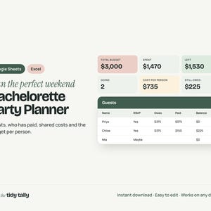 Modèle de planification d'enterrement de vie de jeune fille, répartition des coûts et suivi du budget, Google Sheets et Excel