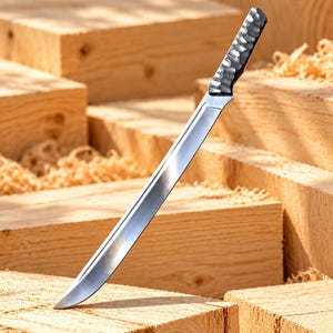 May include: A fixed-blade knife with a long, polished silver-colored steel blade and a dark, textured, hammered metal handle. The knife is positioned at an angle, showcasing its sharp point and the distinct, uneven surface of the grip.