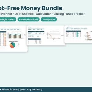 Puede incluir: Un conjunto de plantillas digitales Debt-Free Money Bundle que incluye un planificador de presupuesto, calculadora de pago de deudas y rastreador de fondos. Compatible con Excel y Google Sheets con gráficos y tablas.