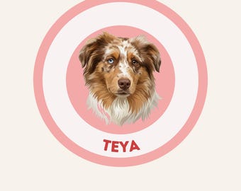 Op de afbeelding: Een cirkelvormige afbeelding met een digitale illustratie van een Australian Shepherd-hond met één blauw oog en één bruin oog, tegen een roze achtergrond. De naam TEYA staat in rode hoofdletters onder het portret van de hond.
