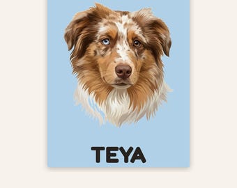 Op de afbeelding: Een digitale illustratie van een Australian Shepherd hond met bruine en witte vacht, één blauw oog en één bruin oog, tegen een lichtblauwe achtergrond met de naam TEYA in dikke zwarte hoofdletters onder de hond.