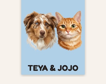 Op de afbeelding: Een digitale illustratie op een lichtblauwe achtergrond met een bruin-witte Australian Shepherd hond met heterochromie en een oranje cyperse kat. Onder de dieren staat de tekst TEYA & JOJO in dikgedrukte zwarte letters.