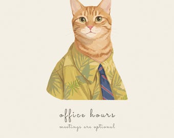 Op de afbeelding: Een illustratie van een oranje cyperse kat die een geel overhemd met tropische print en een blauwe gestreepte das draagt. Onder de kat staat de tekst office hours meetings are optional. Een knop eronder toont Preview in 24h Unlimited revisions.