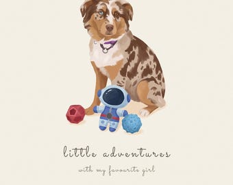 Op de afbeelding: Een digitale illustratie van een bruin-witte merle Australian Shepherd hond met een paarse halsband, zittend naast een rode geometrische bal, een blauw astronautenspeeltje en een blauwe textuurbal. Tekst: little adventures with my favourite girl.