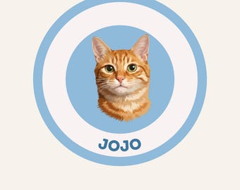 Op de afbeelding: Een cirkelvormige afbeelding met een digitale illustratie van een oranje cyperse kat met groene ogen, gecentreerd op een lichtblauwe achtergrond. De naam JOJO staat in blauwe hoofdletters onder de kat gedrukt. Onderaan staat de tekst Preview in 24h Unlimited revisions.
