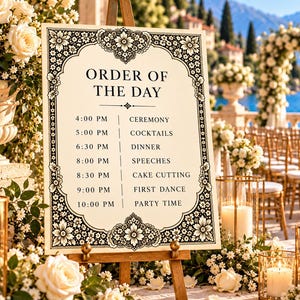Modèle de déroulement de cérémonie de mariage de style bohème. Programme modifiable de la journée.
