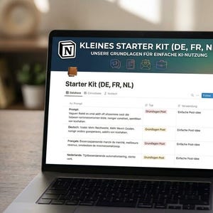 May include: A laptop screen displaying a Notion digital workspace titled Kleines Starter Kit (DE, FR, NL) with a table of prompts in German, French, and Dutch, featuring columns for database, type, and usage, set against a dark header.