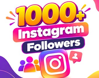 Könnte beinhalten: Eine Grafik mit dem gelben Text 1000+ über einem rosa und orangefarbenen Banner mit dem weißen Text Instagram Followers. Darunter befinden sich ein buntes Instagram-App-Symbol, drei stilisierte Personensymbole und eine Sprechblase.