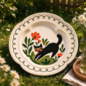 May include: A round ceramic plate with a scalloped edge featuring a green swirling line pattern and a central illustration of a black cat with yellow and orange facial markings, surrounded by green leaves and orange flowers.