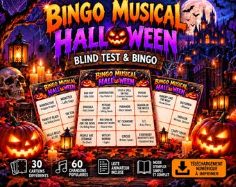 Bingo Musical Halloween – Blind Test & Jeu de Bingo à imprimer – 30 cartons – 60 chansons