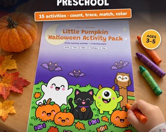 Cuaderno de actividades de Halloween para preescolar imprimible, 3-5 años, contar, trazar, unir, recortar y pegar, colorear, PDF