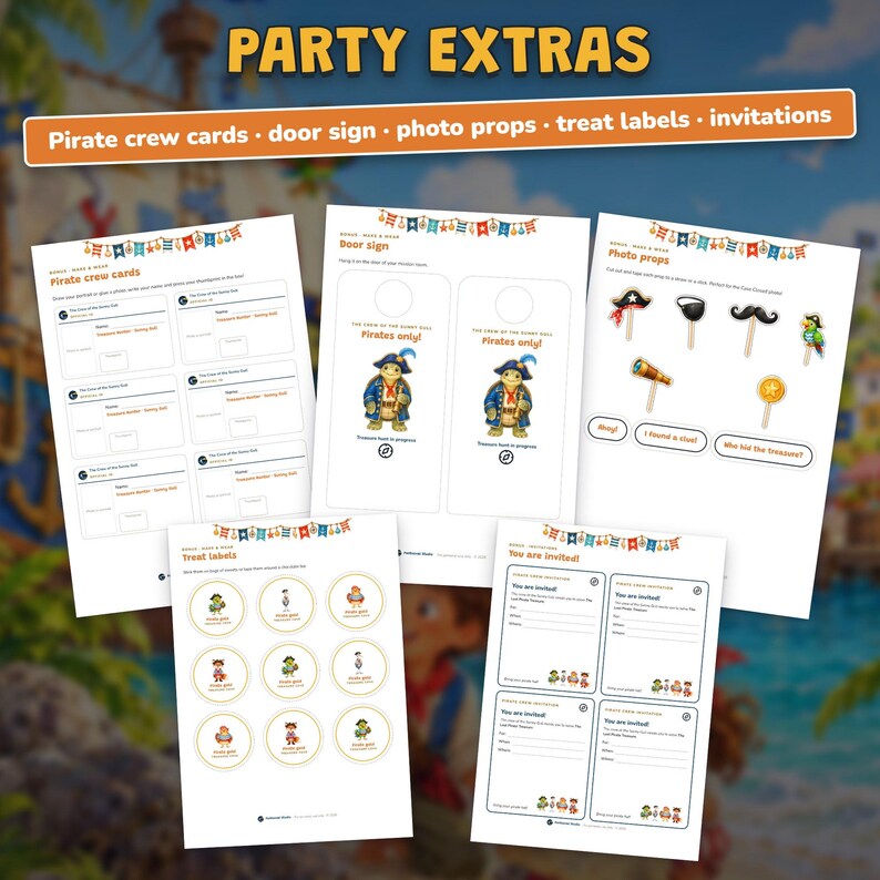 May include: A set of printable pirate-themed party supplies including pirate crew cards, door signs, photo props, treat labels, and invitations. The sheets feature illustrations of turtles dressed as pirates, nautical icons, and text labels.