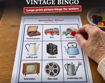 Vintage Picture Bingo for Seniors, 60 Large Print Cards, 1950s 1960s Reminiscence Game, Nursing Home Activity, Printable Elderly Bingo