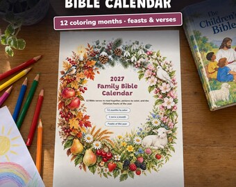 Calendario 2027 cristiano para imprimir, calendario bíblico familiar, versículos de la Biblia, dibujos para colorear, fiestas cristianas