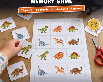 Juego de memoria dinosaurios para imprimir, 24 parejas + cartas de sombras, juego cumpleaños infantil dino, preescolar, sin texto