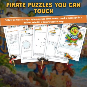 May include: A set of pirate-themed activity cards featuring the text PIRATE PUZZLES YOU CAN TOUCH. The cards include a code wheel, treasure map tasks, and a cartoon parrot illustration. Decorative props include a pirate hat, mustache, and telescope.