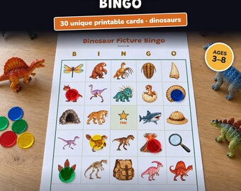 Bingo de los dinosaurios para imprimir, juego infantil con imágenes, cartones de bingo, preescolar, cumpleaños de dinosaurios, clase