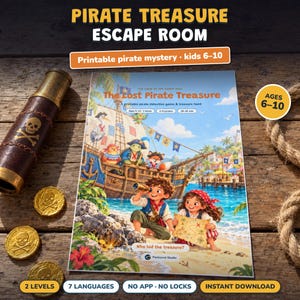 Pirate Treasure Hunt for Kids Printable, Ages 6-10, Pirate Escape Room, Two Difficulty Levels, Pirate Party Game & Mystery Game