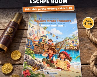 Caccia al Tesoro dei Pirati da Stampare per Bambini 6-10 Anni, Escape Room Pirati, Gioco Investigativo, Festa a Tema Pirati, 2 Livelli