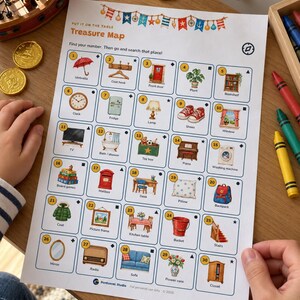 May include: A white paper treasure map activity sheet titled Put It On The Table Treasure Map, featuring thirty numbered squares with colorful illustrations of household items like an umbrella, clock, and sofa, with a nautical banner at the top.