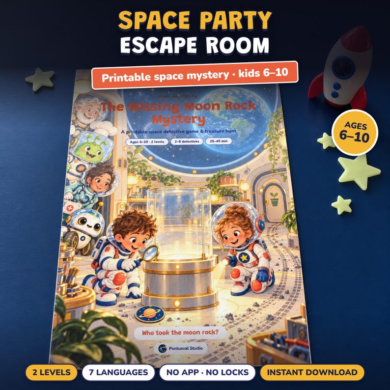 Space Birthday Party Game Printable, Kids Escape Room Ages 6-10, Two Levels, Outer Space Mystery & Treasure Hunt at Home image 1
