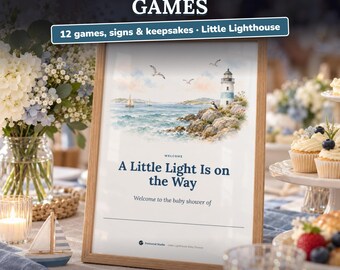 Juegos Baby Shower para Imprimir, Pack Faro Marinero Neutro, Juego de Misterio, Bingo de Regalos, El Precio Justo, Carteles