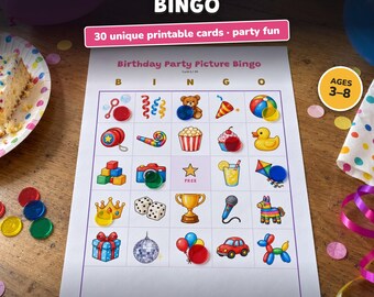Bingo de cumpleaños para imprimir, juego infantil con imágenes, cartones de bingo, fiesta de cumpleaños, juego de fiesta, preescolar, clase