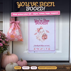 Pink You've Been Booed Printable Kit, Pastel Halloween Boo Kit for Neighbors, Pink Boo Signs, Poem Note, Gift Tags, Treat Bag Toppers
