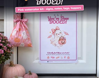 Pink You've Been Booed Printable Kit, Pastel Halloween Boo Kit for Neighbors, Pink Boo Signs, Poem Note, Gift Tags, Treat Bag Toppers