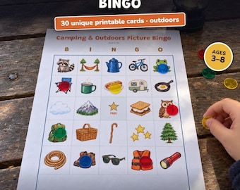 Bingo de camping para imprimir, juego infantil de imágenes al aire libre, campamento de verano, hoguera, preescolar, actividad familiar