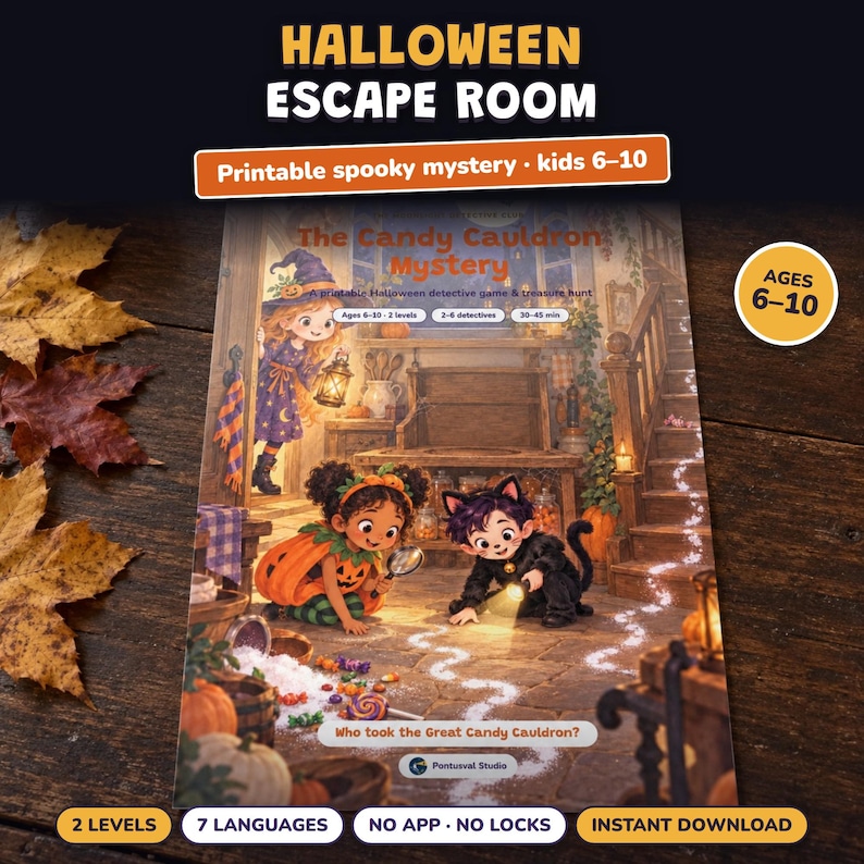 Printable Halloween Escape Room for Kids Ages 6-10, Two Difficulty Levels, Halloween Mystery Game & Treasure Hunt at Home image 1