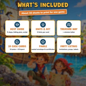 May include: A printable game set featuring six white rectangular cards with blue icons and orange text. Includes a host guide, hints and key, treasure map, 18 case cards, finale materials, and party extras. The header reads WHAT'S INCLUDED.