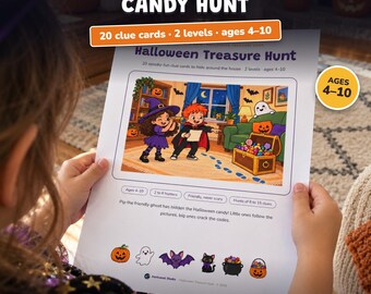 Búsqueda del Tesoro de Halloween para Niños 4-10 Años, Imprimible, Caza de Golosinas, 20 Tarjetas de Pistas con Dibujos y Adivinanzas