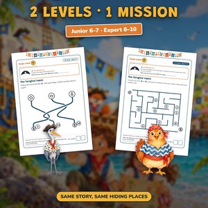 May include: Two educational activity sheets titled 2 LEVELS 1 MISSION, featuring a Junior 6-7 and Expert 8-10 level. The sheets include a maze puzzle titled The tangled ropes, a heron wearing a pirate hat, and a chicken in a pirate bandana.