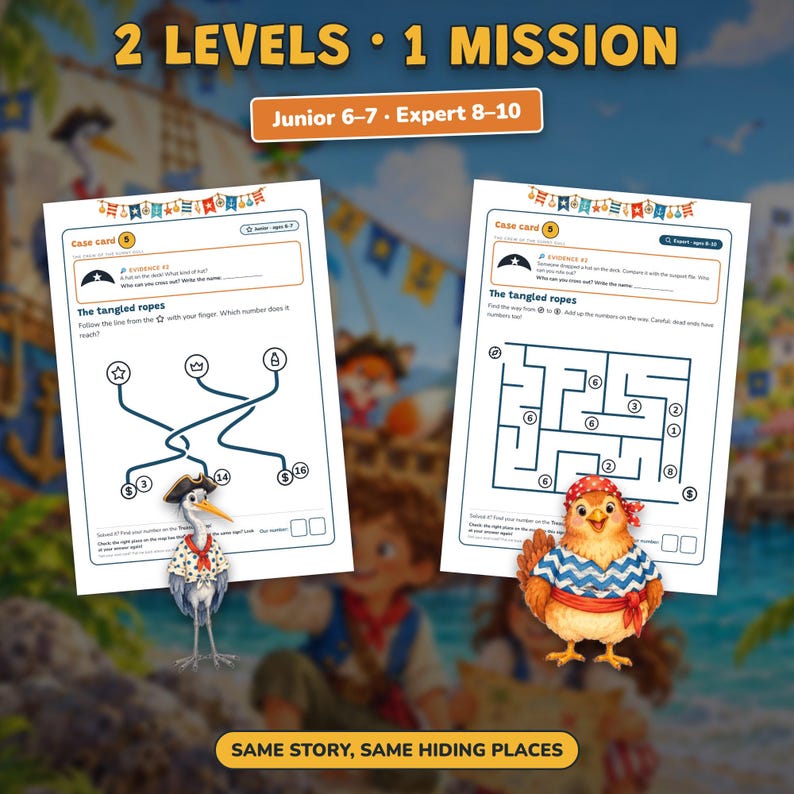 May include: Two educational activity sheets titled 2 LEVELS 1 MISSION, featuring a Junior 6-7 and Expert 8-10 level. The sheets include a maze puzzle titled The tangled ropes, a heron wearing a pirate hat, and a chicken in a pirate bandana.