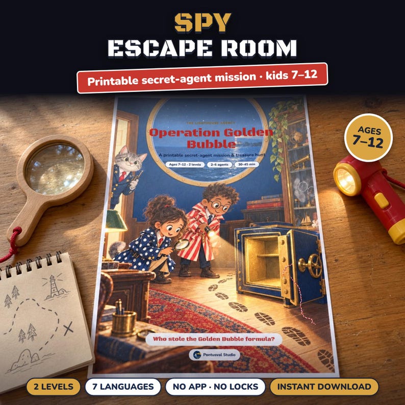Printable Spy Escape Room for Kids Ages 7-12, Two Difficulty Levels, Secret Agent Mission & Treasure Hunt at Home image 1