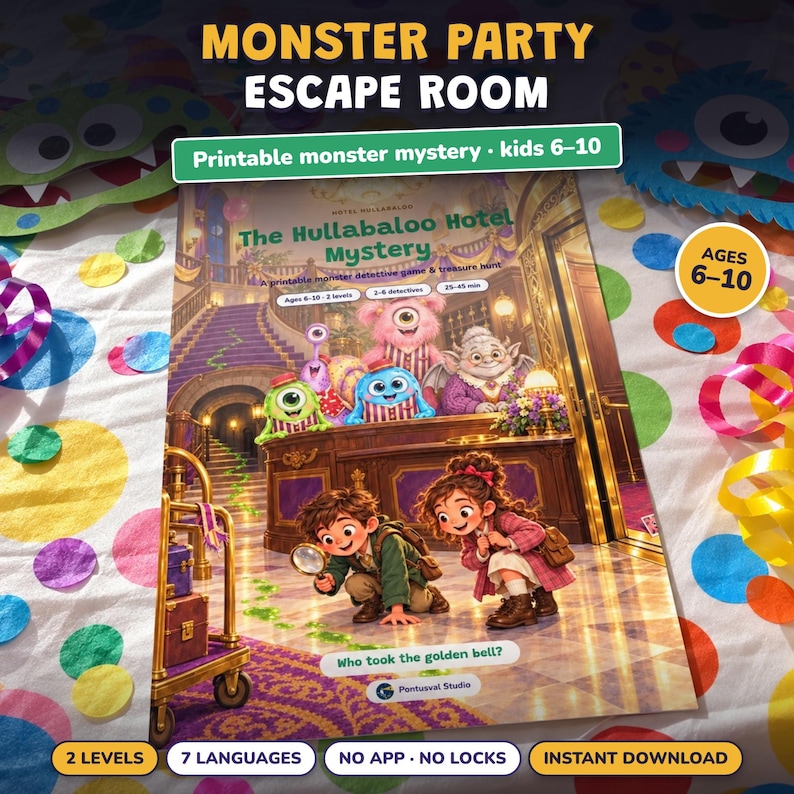 Monster Birthday Party Game Printable, Kids Escape Room Ages 6-10, Two Levels, Monster Mystery Game & Treasure Hunt at Home zdjęcie 1